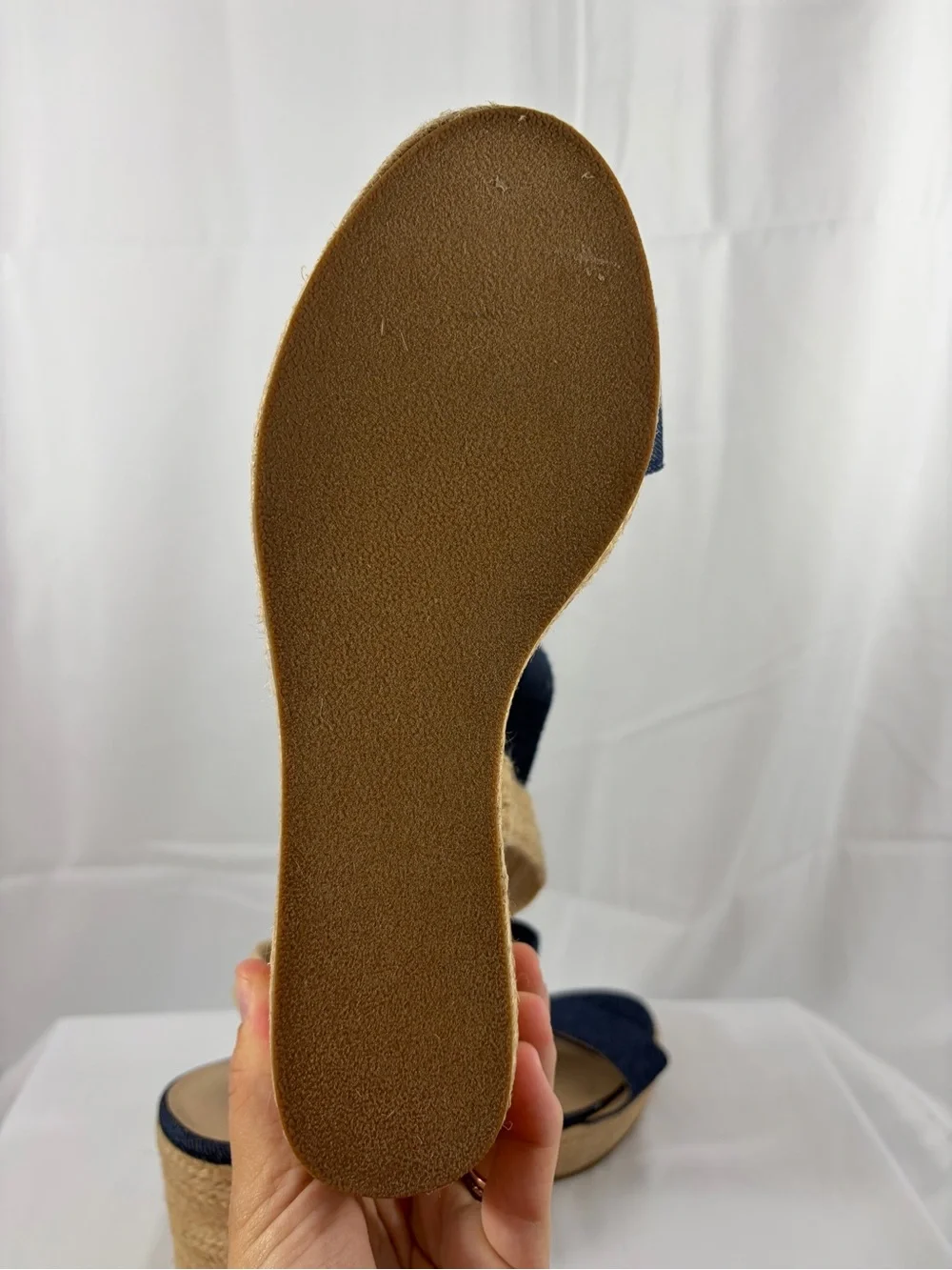 NWT MIA Women’s Size 8 Navy Wedge Denim Sandals with Espadrille Sole